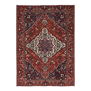 1950 8'7"x11'2" Turkey Red Wool Vintage Persian Bakhtiari Hand Knotted Oriental Rug