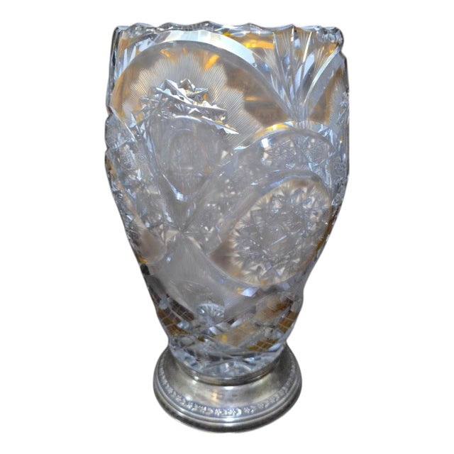 Vintage Cut Crystal Vase with Silver Base, 1950 For Sale