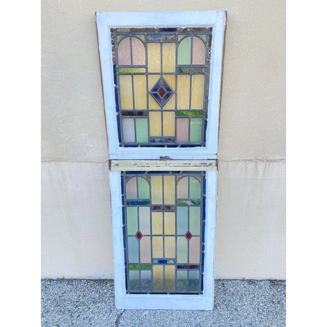 Antique Art Deco Leaded Stained Glass Pink Green Blue Yellow Windows - (2) Pair. Item features wonderful pink, green,...