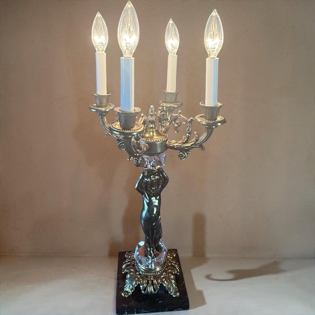 Vintage Hollywood Regency Four-Light Cherub Candelabra Table Lamp With Marble Base For Sale In Buffalo - Image 6 of 10