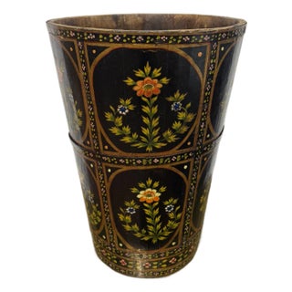 Swiss or Anglo-Indian Hand-Painted Slatwood Wastebasket With Tole Striping For Sale