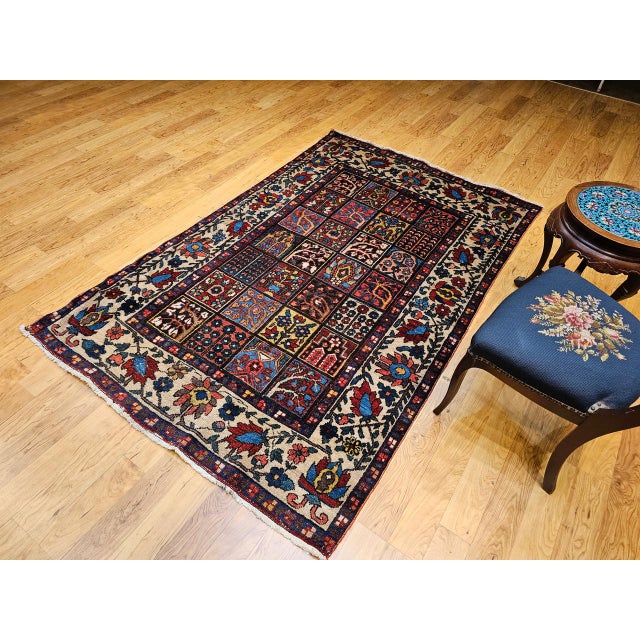 Vintage Persian Bakhtiari Rug, Hand-Knotted Wool, Allover Garden Panel Pattern, Pale Yellow & Red,5x7 For Sale - Image 4 of 16