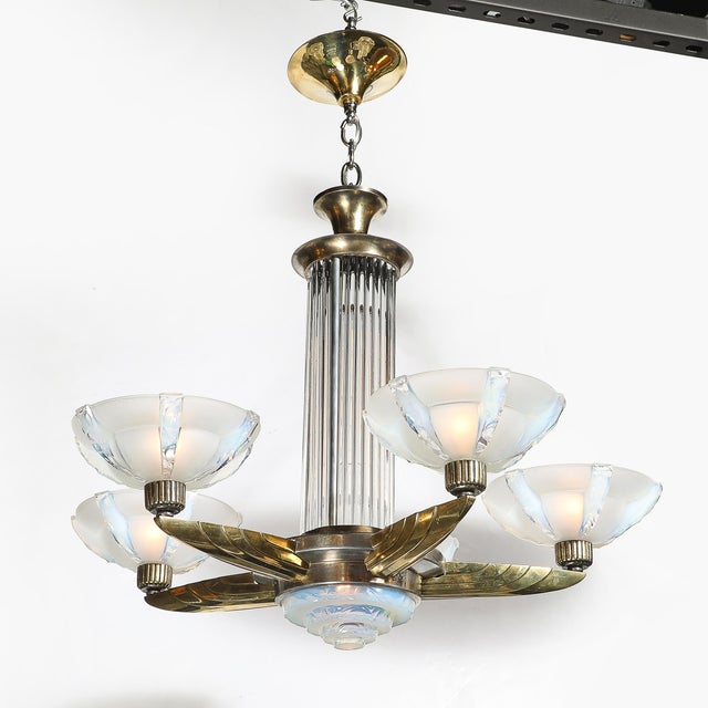 Metal Art Deco Brass Petitot Chandelier W/ Glass Rods & Opalescent Glass Shades For Sale - Image 7 of 18