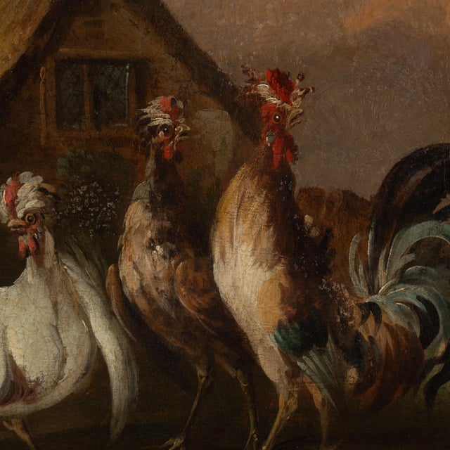 19th Century Small Original Oil on Canvas Painting of Barnyard Hens and Rooster, Portugal For Sale - Image 4 of 10