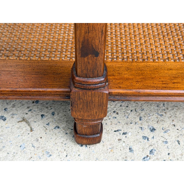 1970s Walnut Two Tier Glass Top Console Table With Faux Caning Shelf For Sale - Image 11 of 12