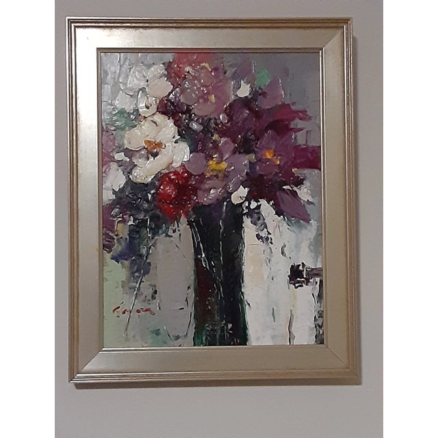 Smoky purple and rosy chroma with whites in black vase. Truly gorgeous and just impasto abstract enough to span from...