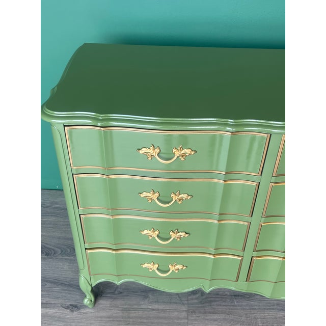 Paint 1970s French Provincial Green Lacquered Dresser of Twelve Drawers For Sale - Image 7 of 18