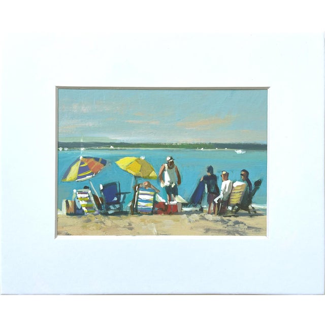 Family Beach Day at the Bay - 5x7" Painting on Paper in 8x10 White Matte For Sale