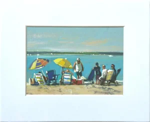 Family Beach Day at the Bay - 5x7" Painting on Paper in 8x10 White Matte