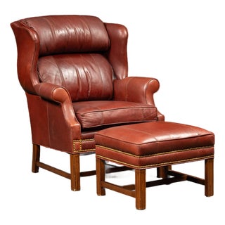 Vintage Leather Wingback Armchair With Ottoman in Red by Whittemore-Sherrill For Sale