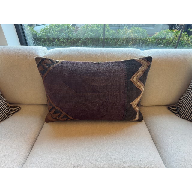 Vintage kilim pillow, eggplant, mustard, olive green and off white. This textured pillow is made of kilim on the front and...