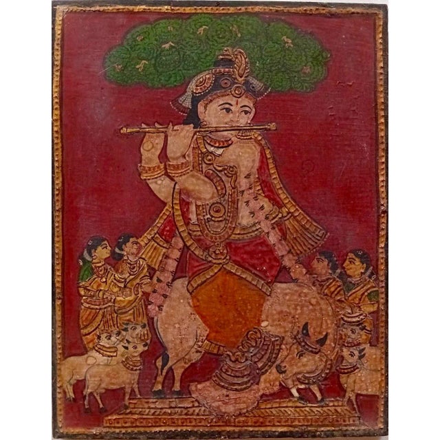 Antique Indian Tanjore Painting of Krishna as Venugopala Opaque natural vegetable dye pigments, gold leaf and sukka...