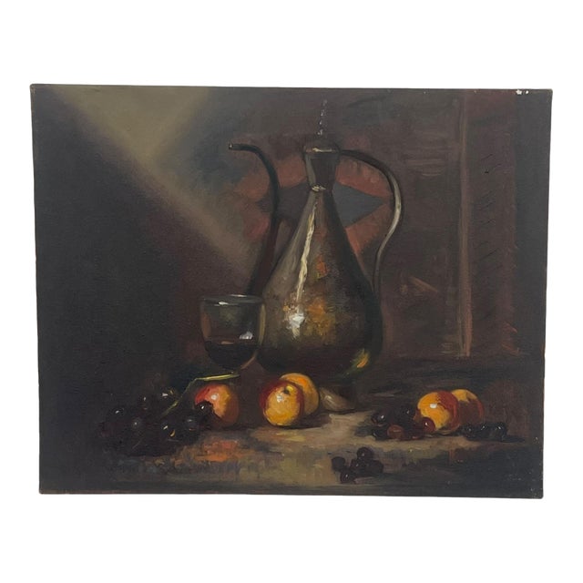 Vintage Still Life Oil Painting With Fruit and Wine Goblet on Canvas For Sale