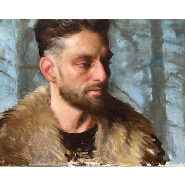 Fire Starter by Karen Offutt | Oil on canvas Portrait of a man with a fur collar. For Sale