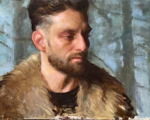 Fire Starter by Karen Offutt | Oil on canvas Portrait of a man with a fur collar.