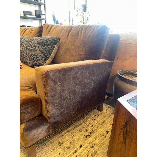 Two Seater Brown Velvet Sofa With Casters For Sale In Los Angeles - Image 6 of 10