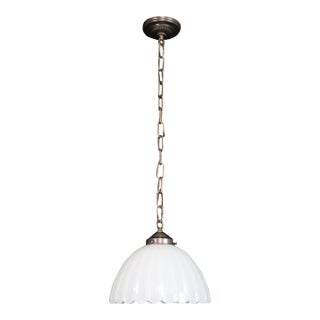 Vintage 12 In. White Ribbed Milk Glass Brass Pendant Light For Sale