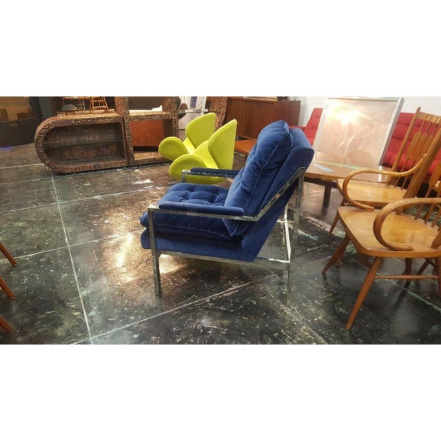 Vintage 1970s Chrome Blue Velvet Lounge Chair Vintage 1970s Chrome Cy Mann Milo Baughman Design Style Lounge Chair With...