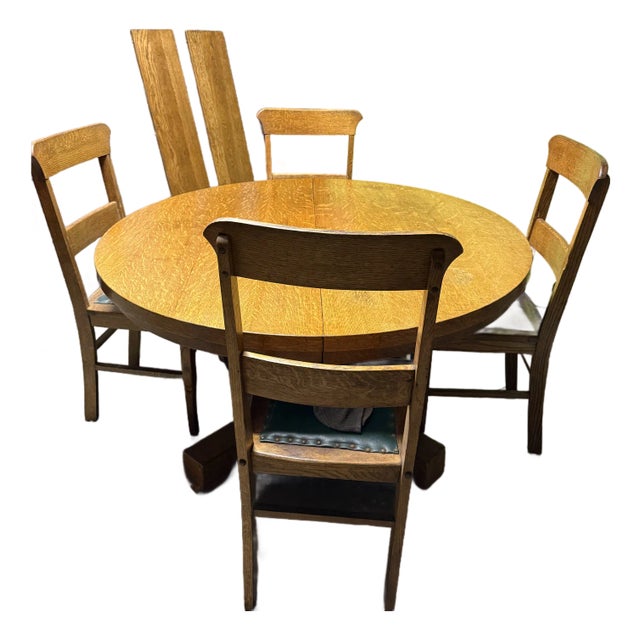 Antique Oak Round Dining Table & 4 Chairs – Arts & Crafts Style For Sale