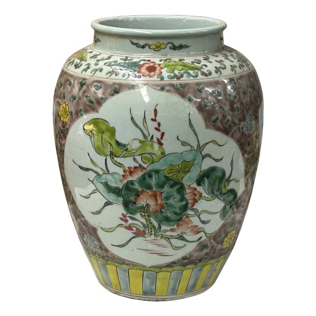 Vintage Chinese Color Porcelain Lotus Bird Scenery Pot Jar Vase For Sale