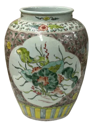 Vintage Chinese Color Porcelain Lotus Bird Scenery Pot Jar Vase