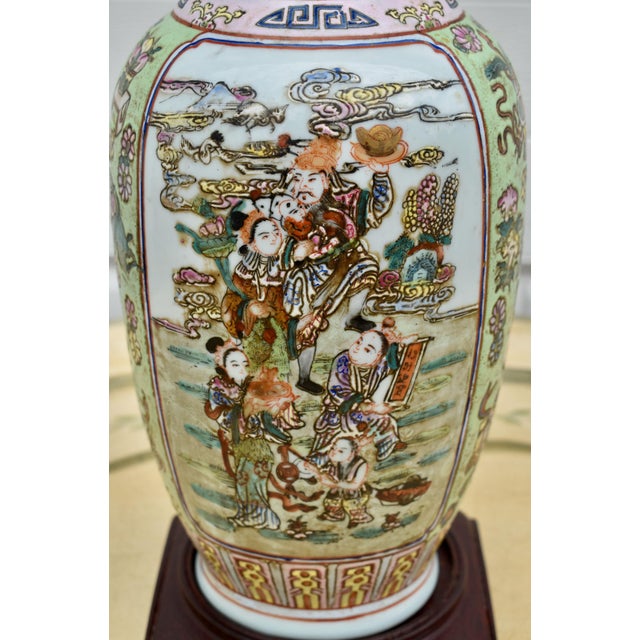 Vtg. Figural Raised Painted Chinese Vase W/Rosewood Stand For Sale - Image 12 of 15