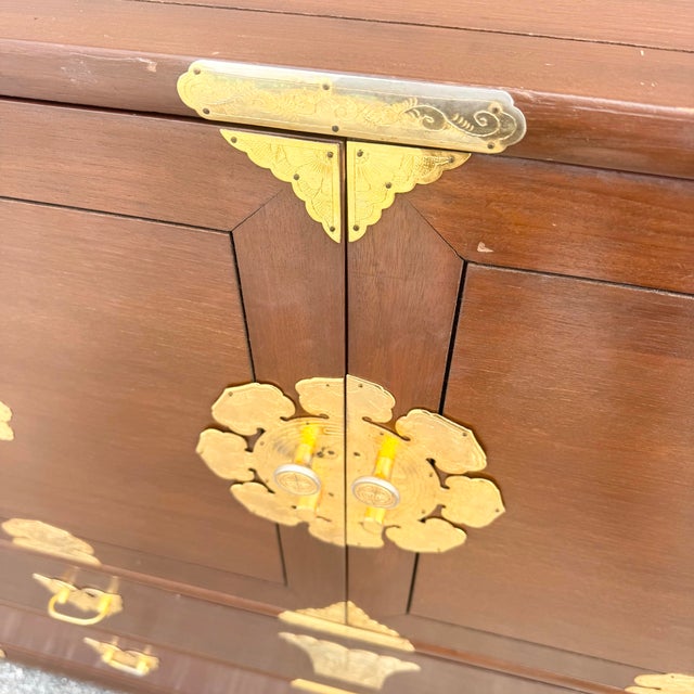 Brown Vintage Chinese Wooden Highboy Armoire With Gold Accents For Sale - Image 8 of 10