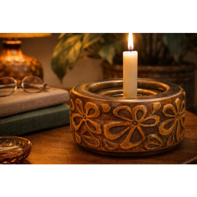 Ceramic 1970’s Vogel Studio Pottery Candle Holder – Carved Floral Motif – Mid-Century / 1970s Organic Modern – Usa For Sale - Image 7 of 7