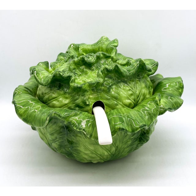 20th Century Green Majolica Cabbage Tureen With Ladle Chairish