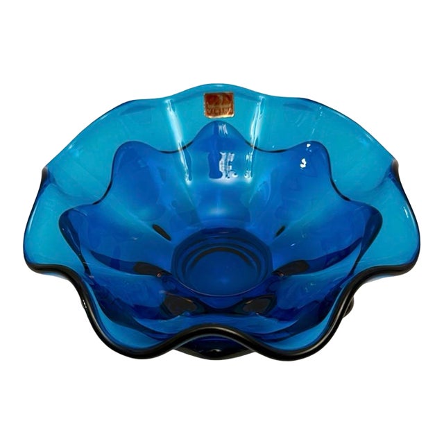 VTG Viking Glass Bluenique Footed Art Glass Double Ruffled Bowl W/Sticker (A14). For Sale