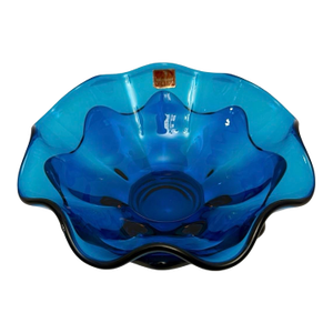 VTG Viking Glass Bluenique Footed Art Glass Double Ruffled Bowl W/Sticker (A14).
