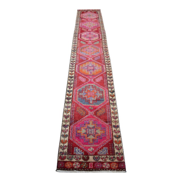 Turkish Runner Rug, Hand-Knotted Organic Wool Runner Rug Kitchen Island Sied Long - Narrow Runner For Sale