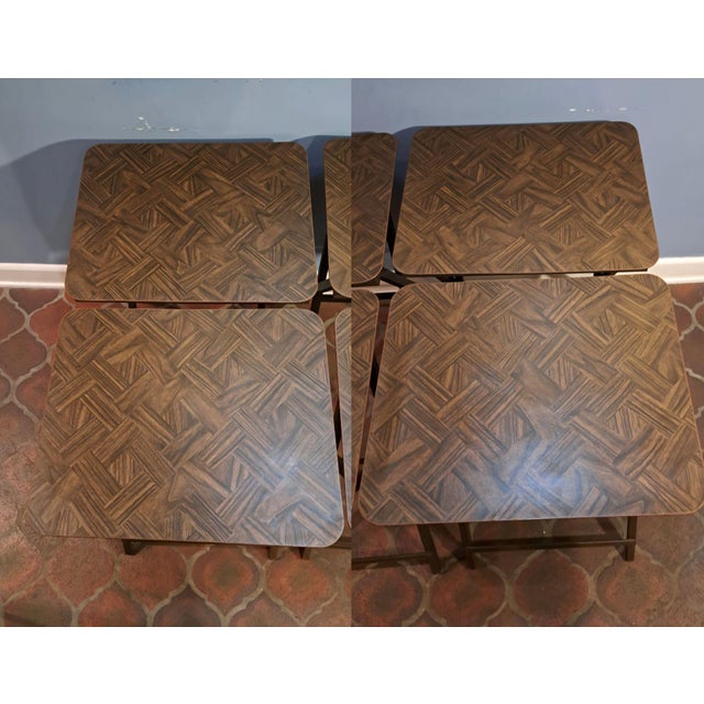 Mid-Century Modern Parquet Wood Tv Tray Tables, Set of 5 With Stand For Sale - Image 9 of 13