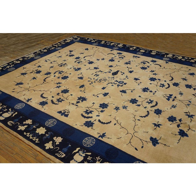 Chinese 1900s Beige Floral Antique Chinese Peking Rug 12' X 15' Handknotted Wool Carpet For Sale - Image 3 of 7