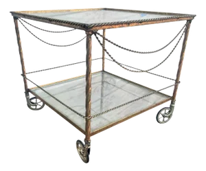 1980s Vintage Wrought Iron Bar/ Tea Serving Cart Glass Two Tier