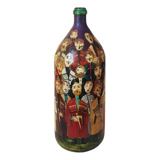 Large Hand-Painted Georgian Cossack Choir Folk Art Bottle on Soviet Glass Base, 2005 For Sale