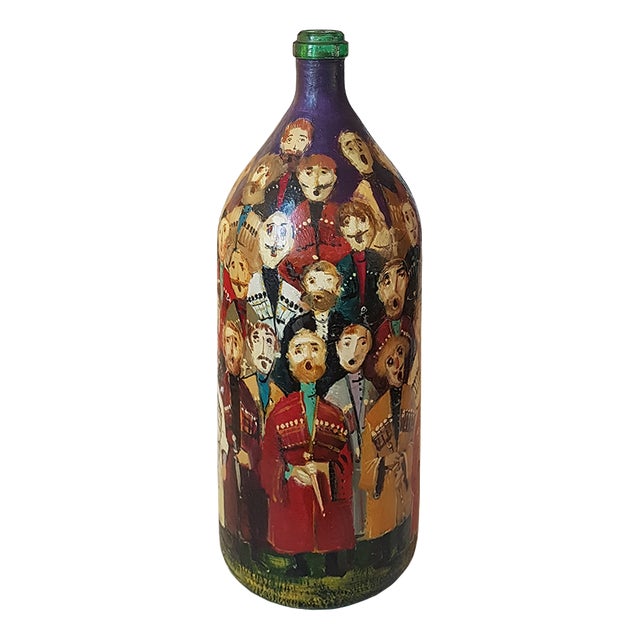 Large Hand-Painted Georgian Cossack Choir Folk Art Bottle on Soviet Glass Base, 2005 For Sale