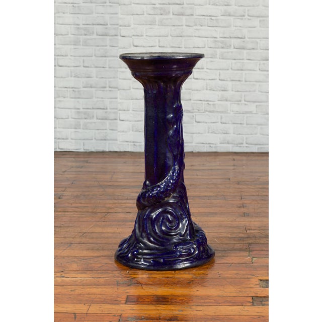 Chinese Antique Dark Blue Glazed Pedestal Stand with Raised Motifs For Sale - Image 9 of 10