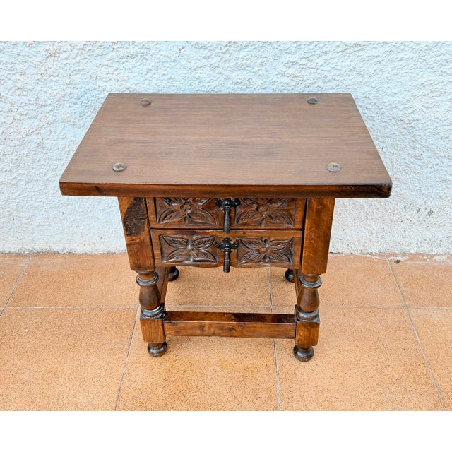 Pair of Spanish Carved Wood Bedside Tables With Floral Drawers, Mid-20th Century For Sale - Image 6 of 9
