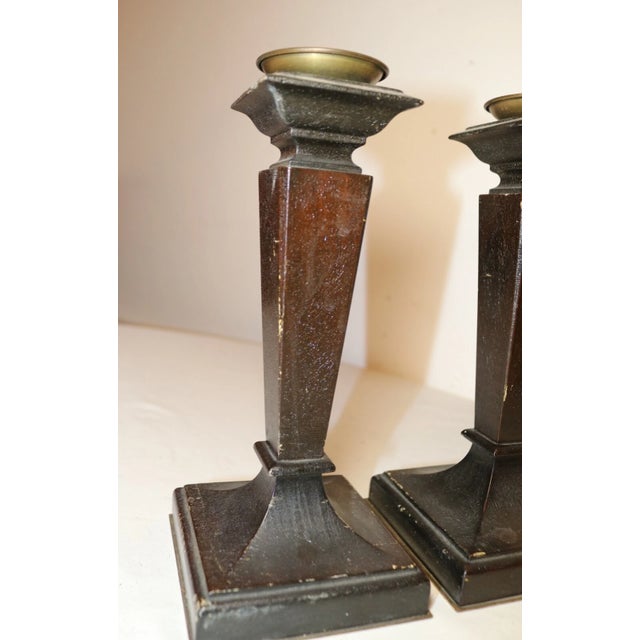 19th Century Pair Antique 1800's Hand Carved English Wood Brass Candlesticks Candle Holders For Sale - Image 5 of 10