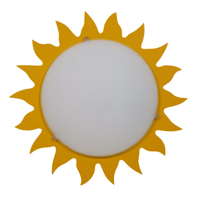 Sun-Shaped Ceiling Lamp in Opaline Glass and Yellow Lacquered Wood from Massive, Belgium, 1970s For Sale