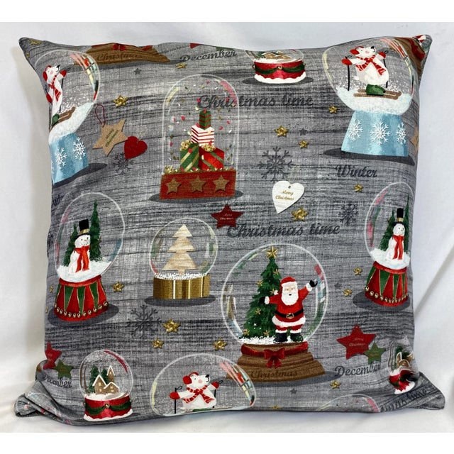 Whimsical 20” Square Snow Globe Themed Christmas Pillow - Made in U K For Sale - Image 13 of 13