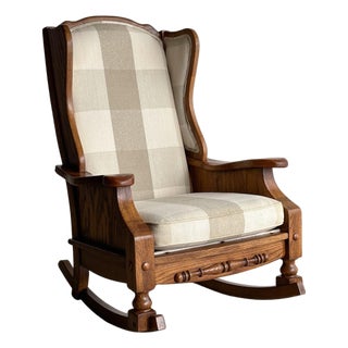 Studio Craft Oak Wingback Rocking Chair With Carved Rail, C. 1970s For Sale
