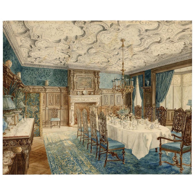 Baroque After Hughson Hawley, Dining Room Interior, 19th Century, Watercolor For Sale - Image 3 of 13