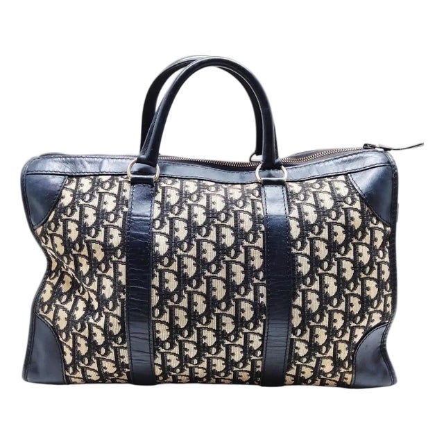 A 1980s Vintage Christian Dior Oblique Monogram Blue Canvas Boston Hand Bag For Sale