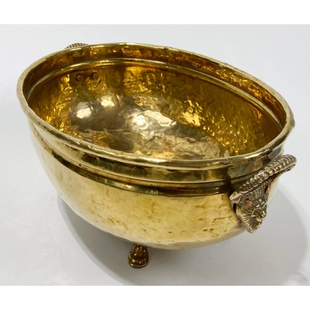 Vintage Footed Hammered Brass Bowl W/ Lion Head Handles For Sale - Image 4 of 8