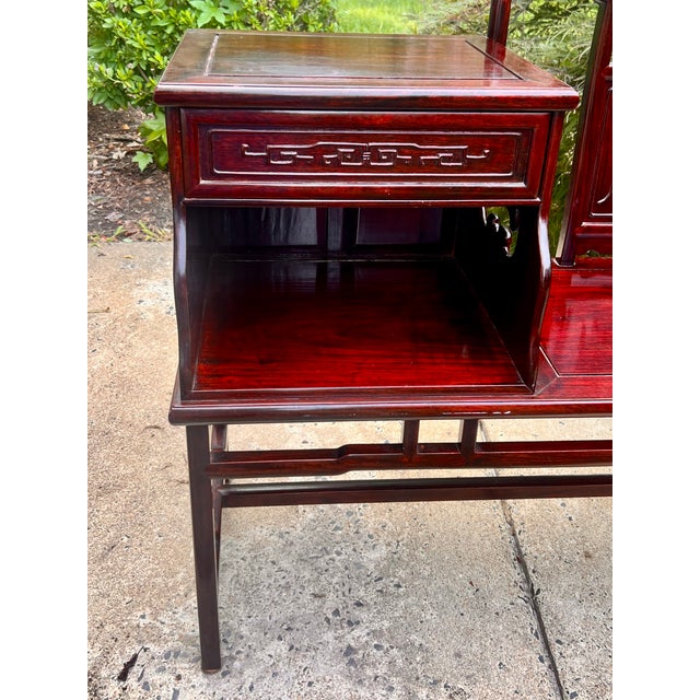 Vintage Asian Chinoiserie Hand Carved Telephone Gossip Rosewood Table Bench For Sale - Image 4 of 8