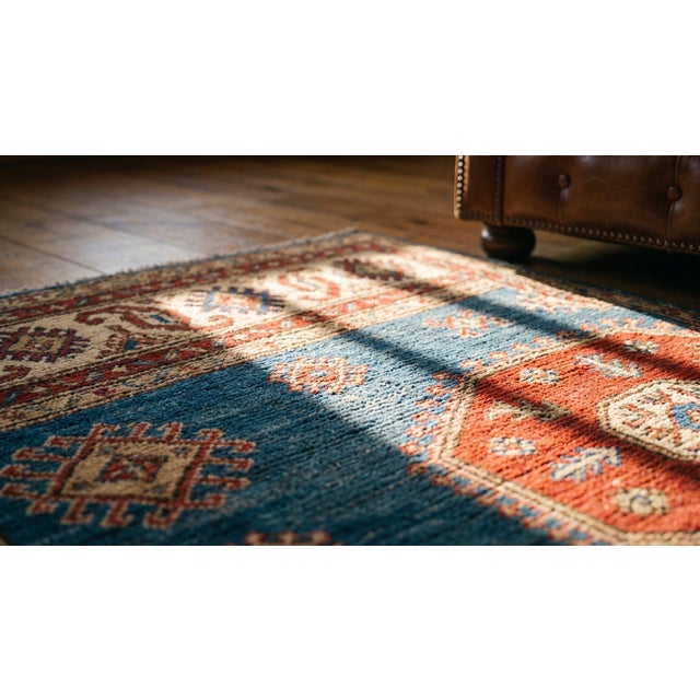1900s Sky Blue Medallion Tribal Hand Knotted Antique Caucasian Moghan Rug 4'2" X 4'4" Wool Carpet For Sale - Image 11 of 12