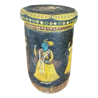 Vintage Indian Hand Painted Wooden Box Krishna Gopi Folk Art Lidded Canister Jar⁠ For Sale