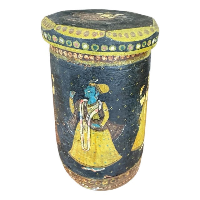 Vintage Indian Hand Painted Wooden Box Krishna Gopi Folk Art Lidded Canister Jar⁠ For Sale